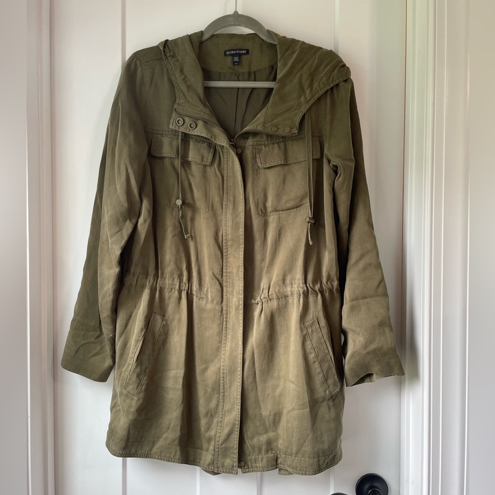 Eileen Fisher Utility Jacket Olive Green Hooded Lightweight Coat Minimalist - Picture 2 of 10
